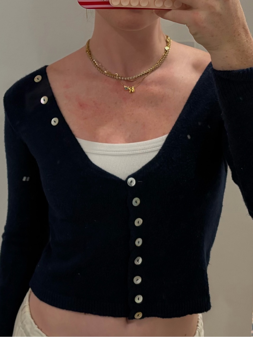 Musier Paris Navy V-Neck Button-Front Cropped Cardigan